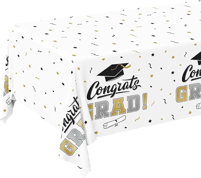 Gatherfun Graduation Decorations, Gongrats Grad Tablecover for Graduation Party Supplies, 3 pcs Class of 2026 Table Cloths, 54"x108" (White and Gold)