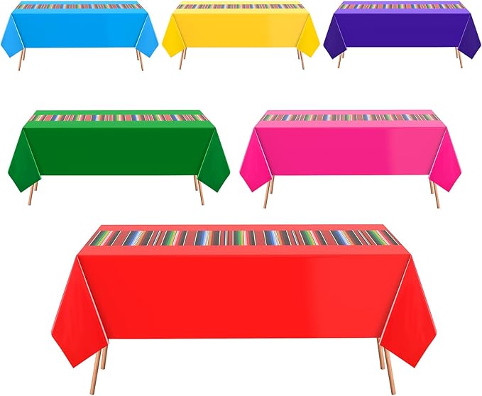 Oudain 6 Pcs Fiesta Tablecloth 108 x 54 Inch Plastic Tablecover Waterproof Mexican Tablecloth Mexican Striped Table Cover for Taco Night Festive Fiesta Wedding (Bright Color)