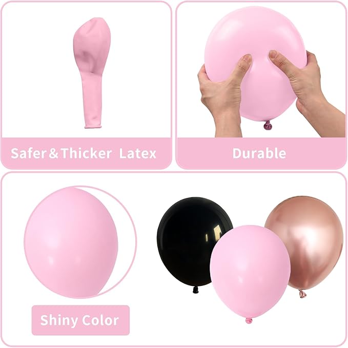 Pink and Black Balloon Arch Kit, Light Pink and Black Balloons Garland with Metallic Rose Gold Balloons, Baby Pink Balloons for Girls Women Birthday Bachelorette Princess Party Decorations