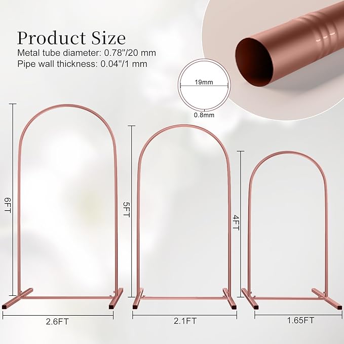 Metal Arch Backdrop Stand Set of 3, Heavy-Duty Balloons Arch Frame for Wedding Ceremony, Party, Baby Shower, Birthday Decorations (Rose Gold, 4ft+5ft+6ft)