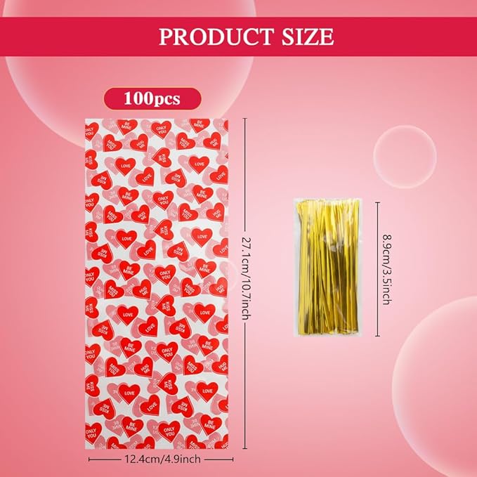 Valentines Treat Bags, 100 PCS Valentines Goodie Bags, Valentines Day Plastic Goodie Candy Goody Cookie Favor Ziplock Cellophane Treat Bags for Classroom Party Small Mini Valentines Gift Bags Bulk