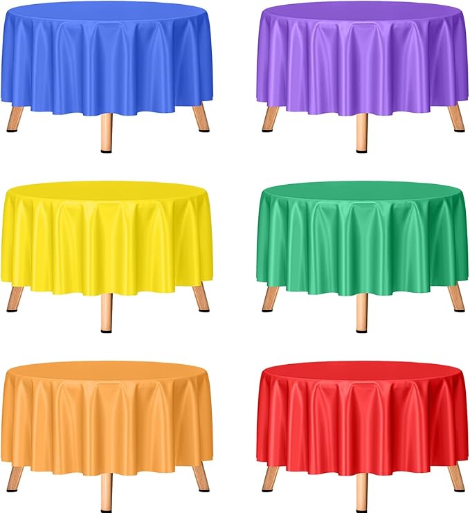 mwellewm 6Pcs Round Tablecloth Plastic Table Cloth Disposable Assorted Color Rainbow Colorful Neon Table Cover Candyland Decorations for Birthday Christmas Graduation Fiesta Party Picnic(84 Inch)