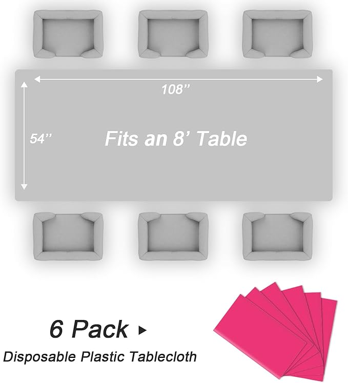QIKSION Hot Pink Plastic Table Cloth Disposable 6 Pack, 54 x 108 Inch Tablecloths for Birthday Party, Valentines, Mothers Day Decorations, Rectangle Table Cover