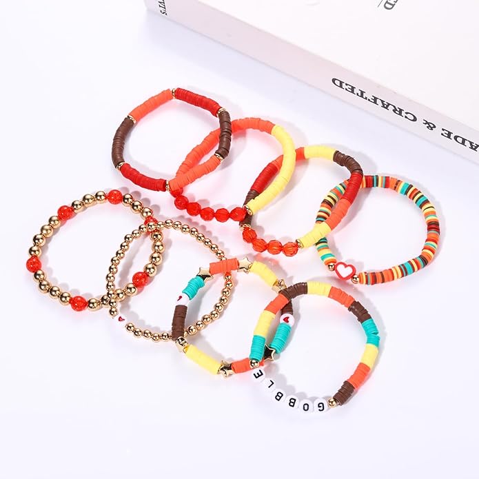 Surfer Heishi Bracelets for Women Stackable Rainbow Vinyl Disc Clay Beaded Stretch Bracelets Elastic Layering Friendship Bracelets Boho Summer Beach Jewelry