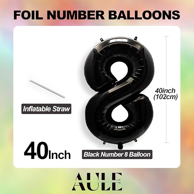 AULE 40 Inch Big Black 8 Balloon Number Large Foil Helium Number Balloons 0-9 Jumbo Giant Happy 8th Birthday Party Decorations for Boy or Girl Huge Mylar Anniversary Party Supplies