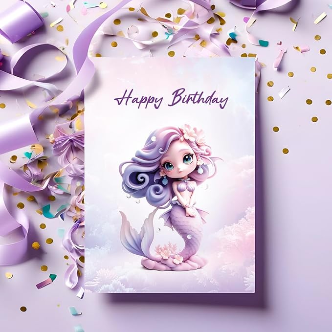 Whimsical Mermaid Birthday Card for Girls & Women - Cute Purple Fantasy Greeting Card for Daughter, Granddaughter, Niece - 5x7 Happy Birthday Card with Envelope & Sticker Seal - Premium Thick Card Stock