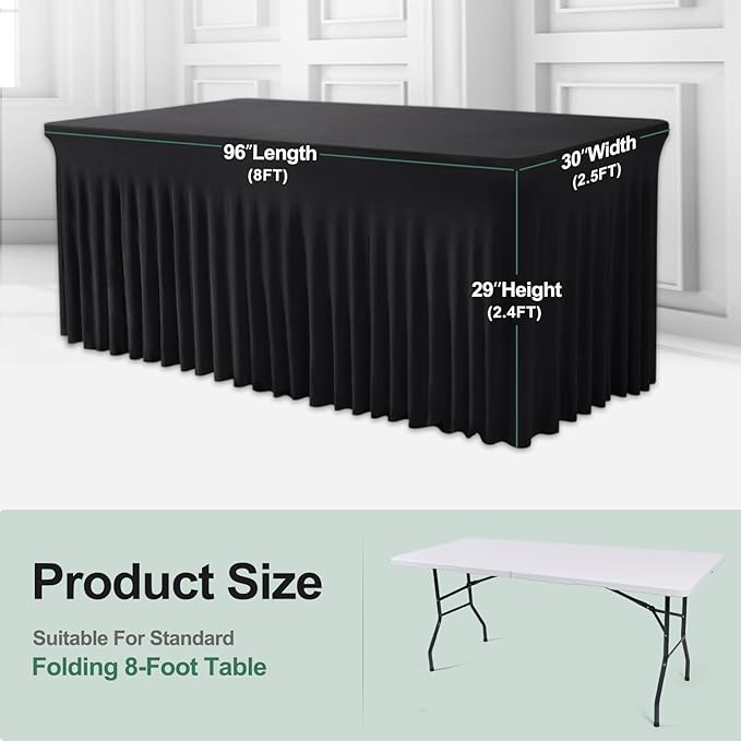 Table Skirts for Rectangle Tables 8ft - 2 Pack One-Piece Black Tablecloths and Skirt, Wrinkle Resistant Ruffles Elastic Cover for Banquets, Weddings, Events, Parties