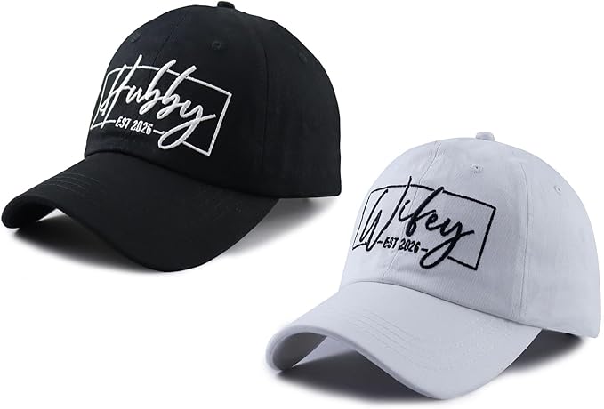 Set 2 of Wifey and Hubby Hats for Women Men, Funny Cotton New Wife Husband Embroidered Baseball Cap