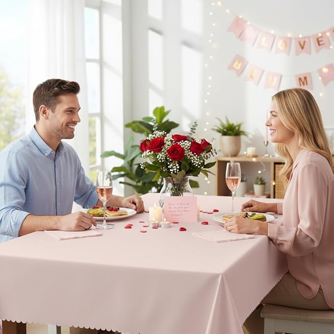 3 Pack Plastic Light Pink Tablecloths, 54 X 108Inch Disposable Spring Tablecloth Scalloped Mother's Day Table Cloth for Rectangle Tables Table Cover for Easter Baby Shower Bridal Tea Party Wedding