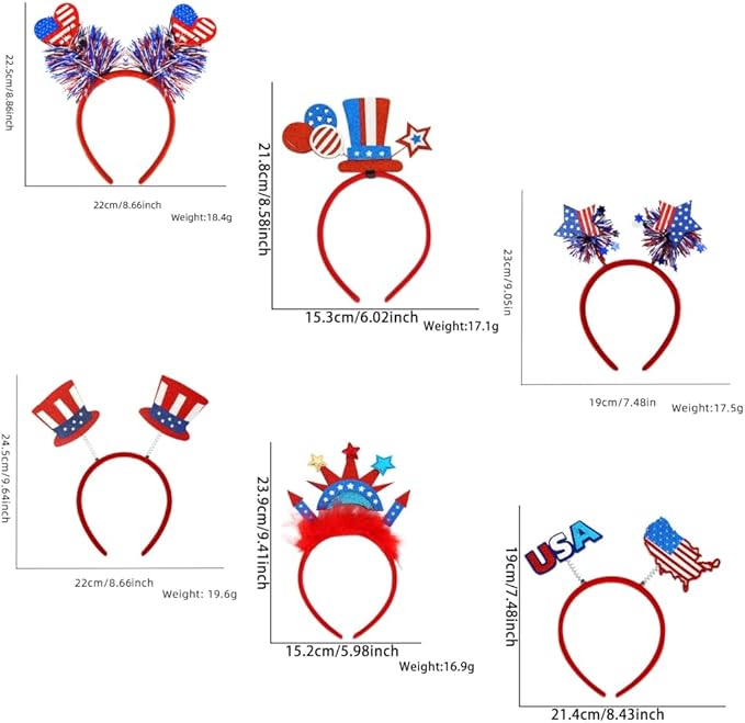 6 PCS 4th of July Headbands Red White and Blue Decorations Patriotic Headband for Women Family Friends Independence Day Accessories for Party
