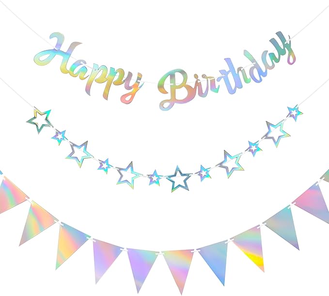 CANREVEL 3 PCS Iridescent Happy Birthday Banners, Hanging Star Garland and Pennant Banner Flags, Sparkling Iridescent Party Decorations, Iridescent Party Supplies for Women Men Girls Boys Adults