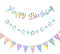 CANREVEL 3 PCS Iridescent Happy Birthday Banners, Hanging Star Garland and Pennant Banner Flags, Sparkling Iridescent Party Decorations, Iridescent Party Supplies for Women Men Girls Boys Adults
