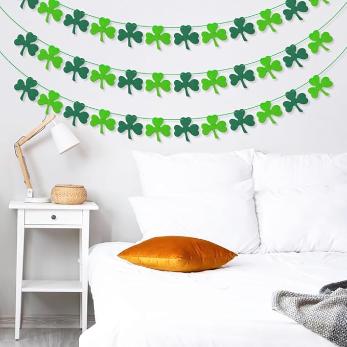 AKEROCK St Patricks Day Garland, Pre-Stung Hanging Felt Shamrock Garland for Wall, Fireplace Mantle Decor - St Patricks Day Decorations for The Home - 6 Saint Patricks Day Banners, 12 Pcs of Each