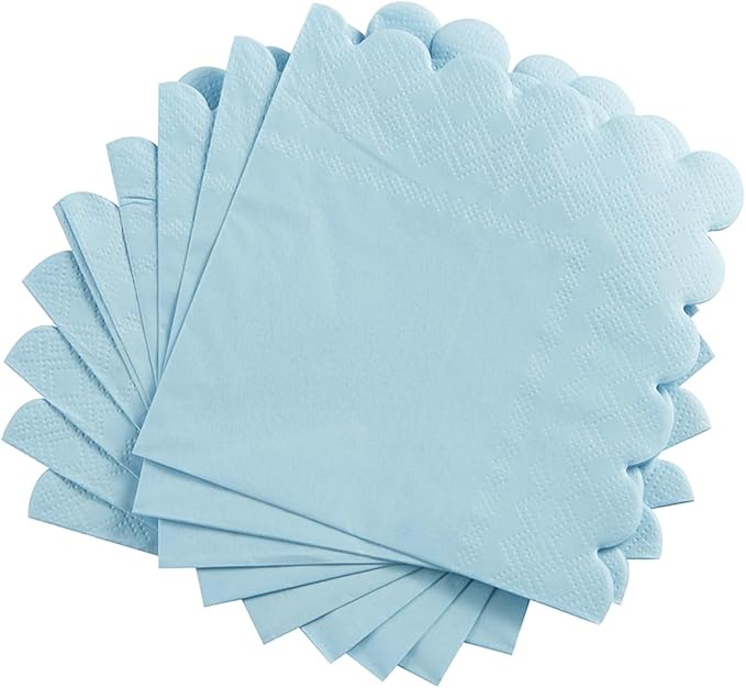 100 Pack Cocktail Napkin 2-Ply Scalloped Edged Dessert Napkins Folded 5 x 5 Inches Disposable Napkins for Dinner Wedding Birthday Party Bridal Anniversary Reception Event (Light Blue)