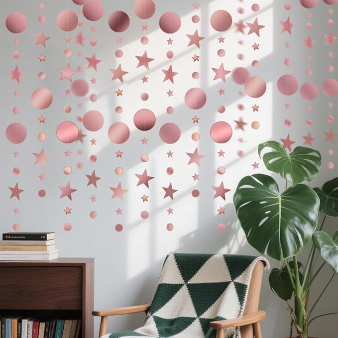 Glitter Star Garlands Decorations, 52 Feet Star Paper Garland Banner, Circle Dot Star Hanging Streamers for Valentine's Day Wedding Anniversary Birthday Ramadan Graduation Party Supplies Decorations