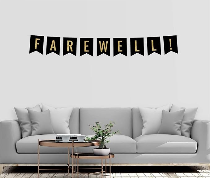 Andaz Press Faux Gold Glitter on Black Retirement Party Banner Decorations, Farewell!, Approx 5-Feet, 1-Set, Birthday Wedding Baby Shower Colored Hanging Pennant Decor