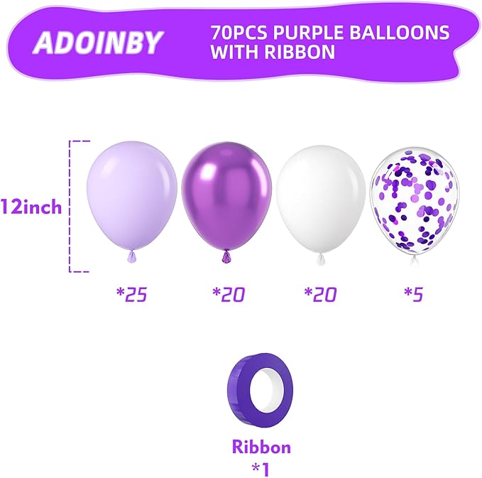 Purple and White Balloons, 70Pcs 12inch Lavender Lilac Confetti Metallic Balloons for Birthday Girls Baby Shower Bridal Wedding Princess Party Decorations