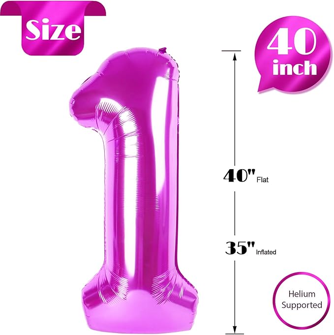 Rosy Purple Number 1 Balloon for First Birthday 40 Inch, 1st One Number Balloons Birthday Decorations for Girl Boy Toddler Baby