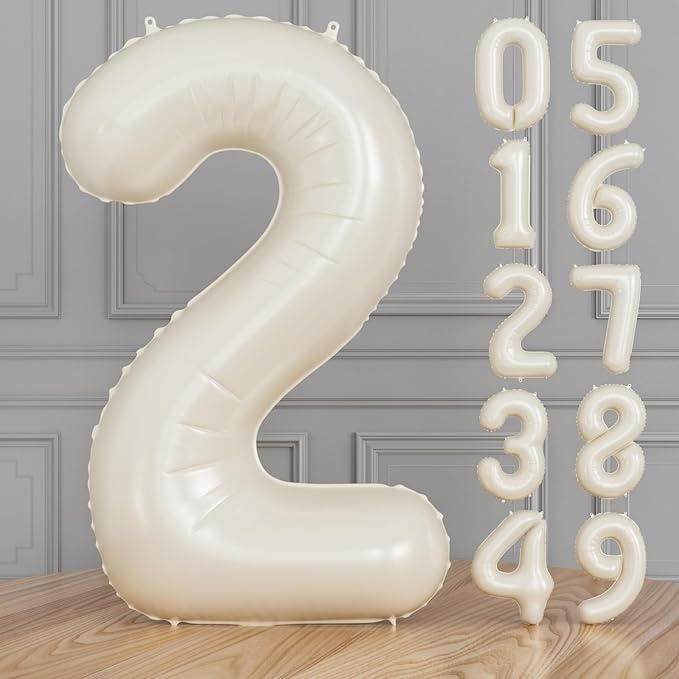 Cream Number 2 Balloons – 40 Inch Giant Foil Number Balloon, Light Cream Number Balloon for Birthday Anniversary Baby Shower Party Decorations