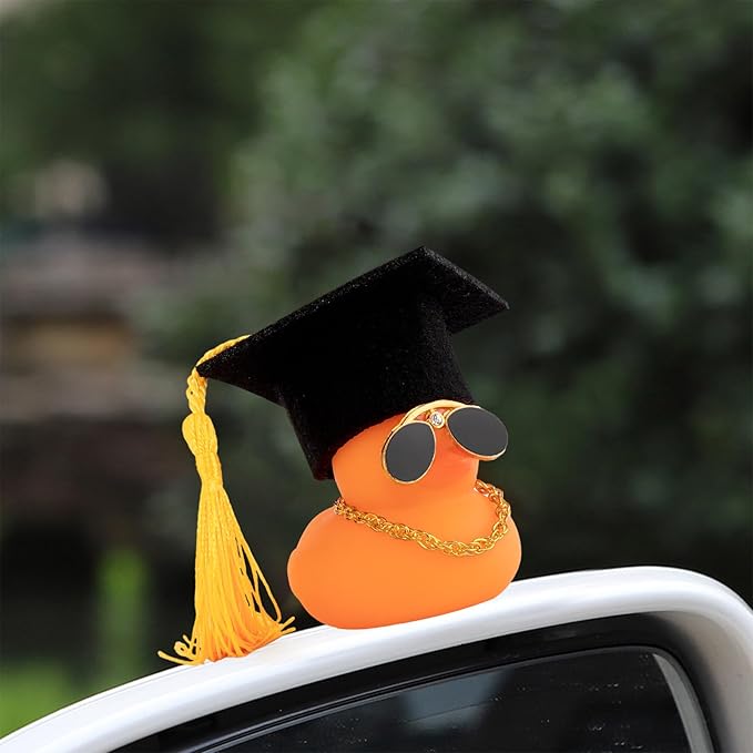wonuu Car Dashboard Decor Graduation Hat Color Rubber Duck, Car Ducks Ornaments with Mini Graduation Hat Necklace Sunglasses (Orange)