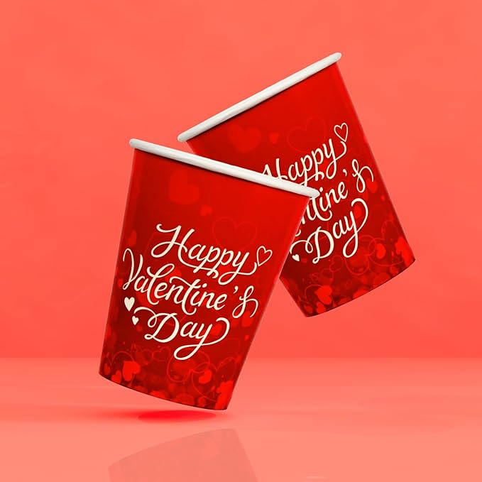 Gatherfun 50-Pack Valentine's Party Supplies - Romantic Heart-Themed 9 oz Disposable Paper Cups for Lovely Valentine's & Galentine's Day Decorations Set