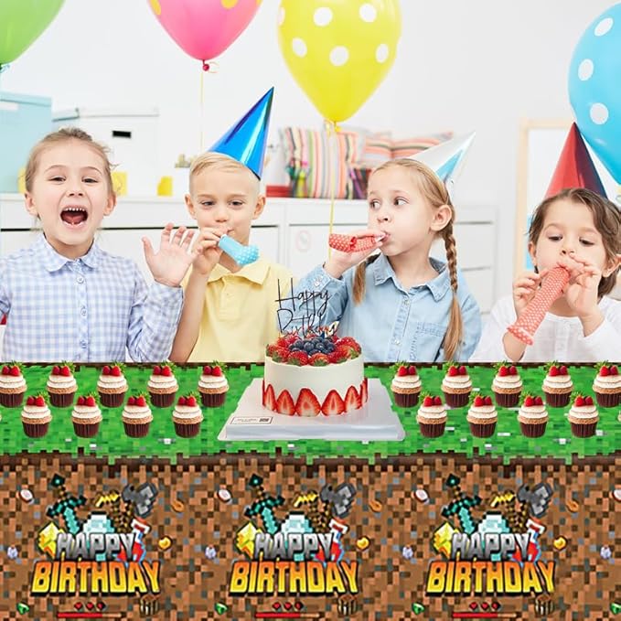 Sandbox Game Theme Tablecloth, 3 Pcs Plastic Disposable Pixel Video Game Tablecovers Supplies Rectangle Sandbox Miner Decorations for Birthday Party, Theme Party (Green)