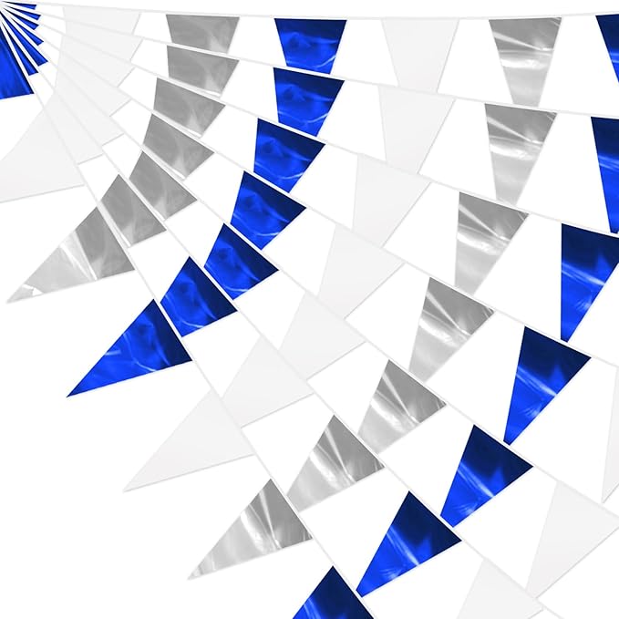 32.8FT Navy Blue White Silver Glitter Triangle Pennant Banner Flag Metallic Bunting Outdoor Garland for Christmas Graduation Wedding Bridal Shower Nautical Ahoy Achor Theme Party Decorations Decor