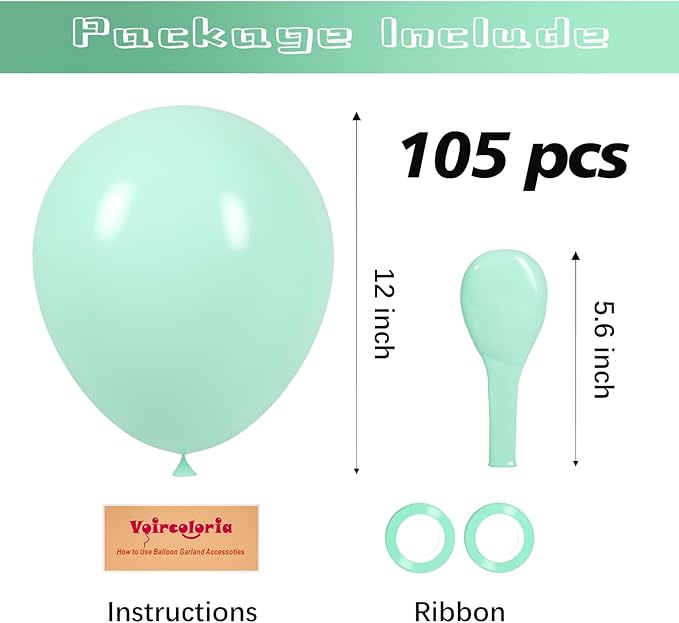 105pcs Mint Green Balloons 12inch Party Latex Balloons for Boys Girls Birthday Baby Shower Gender Reveal Wedding Sunflower Party Decorations