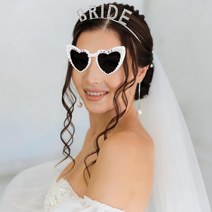 Bride To Be 3-Piece Set - Rhinestone BRIDE Headband, Pearl Heart Sunglasses & Rhinestone Sash for Bachelorette Party, Bridal Shower & Wedding Celebrations