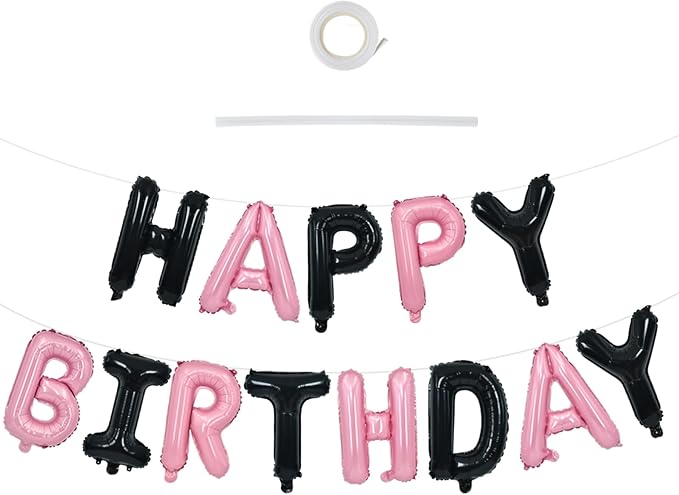 TONIFUL Happy Birthday Balloons Banner 16 Inch Mylar Foil Letters Birthday Sign Reusable for Girls Boys Kids & Adults Birthday Party Decorations Supplies（Black Pink）