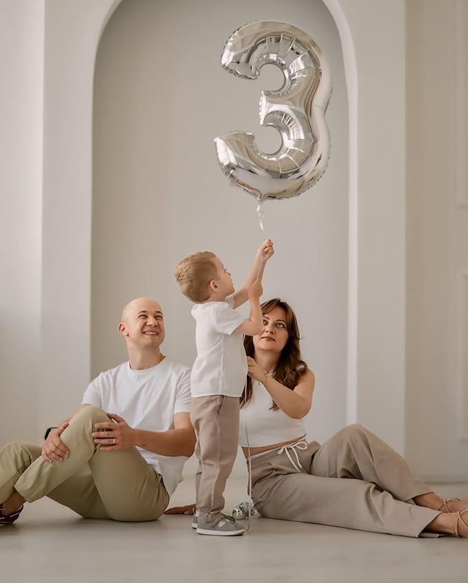 Silver Number Balloons 40 Inch, 3rd Birthday Decorations for Girls Boys, Number 3 Ballon for 3, 13, 23, 33 Celebration, Men and Women Birthday, Wedding, Anniversary Decor
