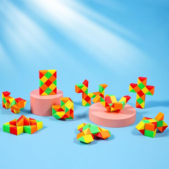 12 Pack Magic Snake Cube Fidget Toys for Kids - 24 Blocks Rainbow Twist Puzzle, Party Favors, Classroom Prizes, Birthday Goodie Bag Fillers, Stress Relief Sensory Toys