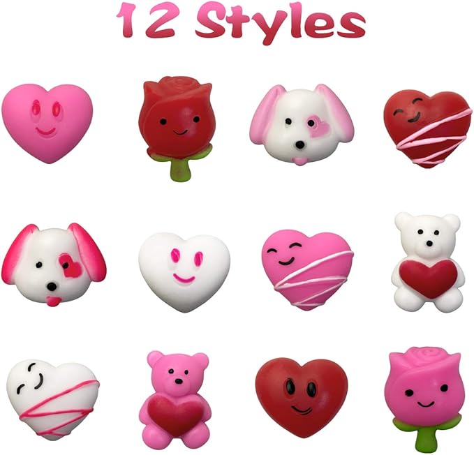 24 PCS Valentines Day Mochi Squishy Toys Squishies for Kids School Class Classroom Valentines Day Cards Gifts Prizes Party Favors