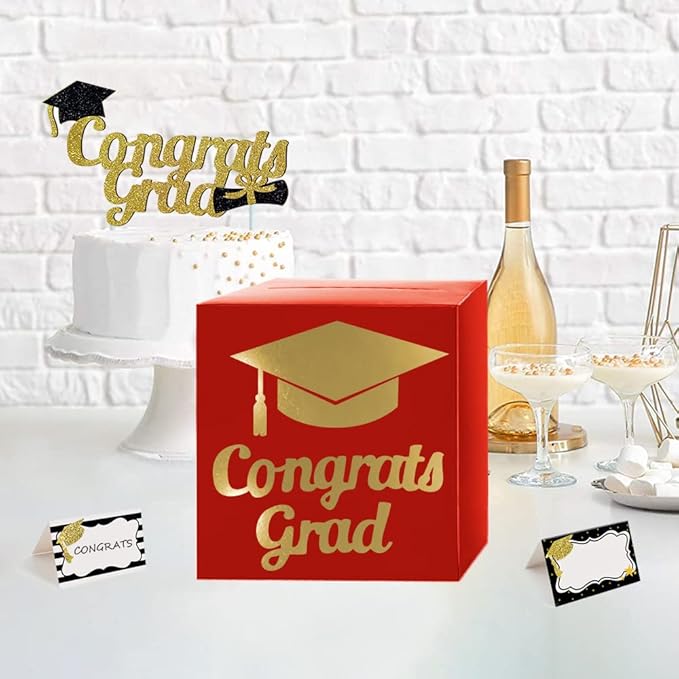 Graduation Card Box Holder, Congrats Grad Foldable Cardboard Decorations Box for Graduation Party Decoration and Grad Parties (Red)