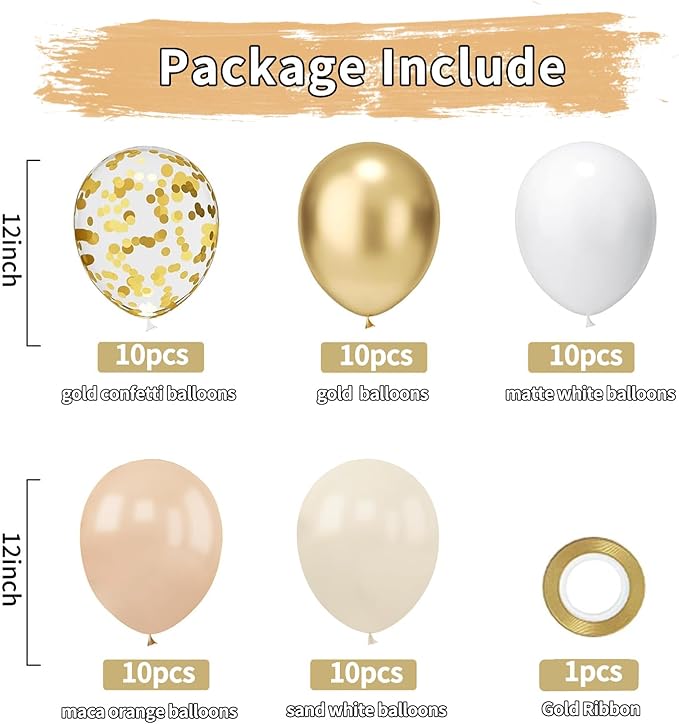 Gold White Sand Confetti Balloons, 50pcs 12 inch Beige Gold Nude Neutral Balloons for Birthday Wedding Bride Shower Party Decoration