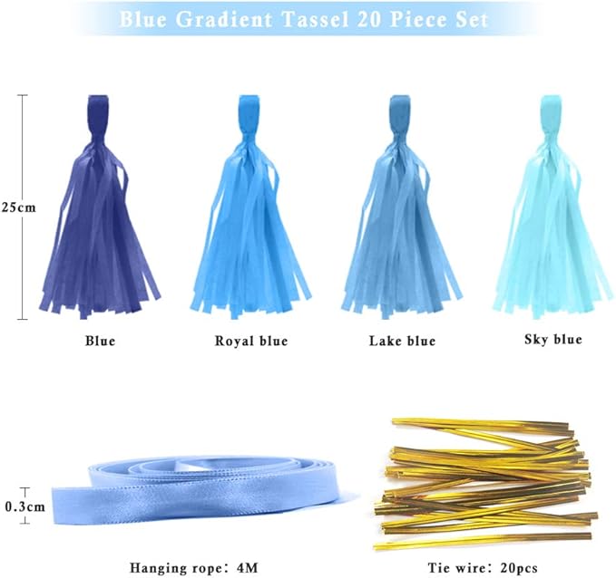 9.8in Blue Tissue Paper Tassel DIY Hanging paper decorations Party Garland Decor for Party Decorations Wedding,Festival,Baby Shower Decoration 20PCS25cm