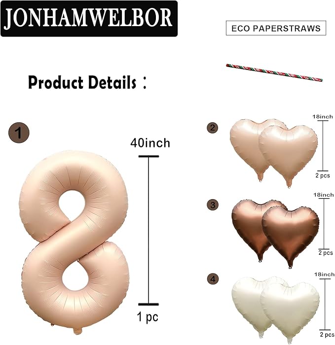 Jonhamwelbor 40 inch Light Brown Number 8 Balloon Caramel Large Big Giant Helium Mylar Foil Number Balloon with Heart Balloons for Girl 8th Eight Year Old Birthday Party Decor (40 inch Beige 8)