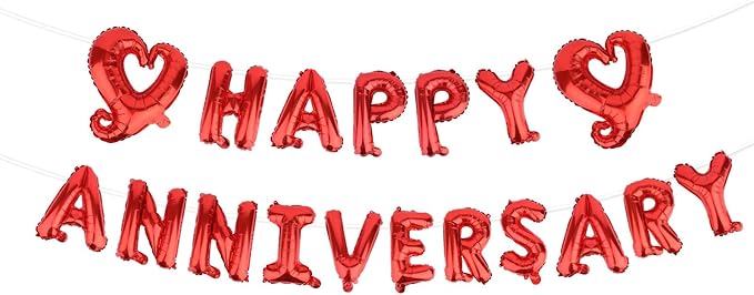 Happy Anniversary Balloon Banner, Red Foil Letter Balloons Sign with Heart Romantic Hanging Decoration for Women Men Couples Lovers Partners Wedding Ceremony Anniversary Party Supplies Gift