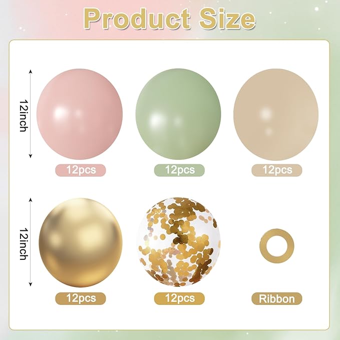 Pink and Green Balloons, 60Pcs 12 Inch Sage Green Pink Sand White Gold Confetti Balloons for Boho Baby Shower Jungle Woodland Floral Fairy Birthday Party Decorations