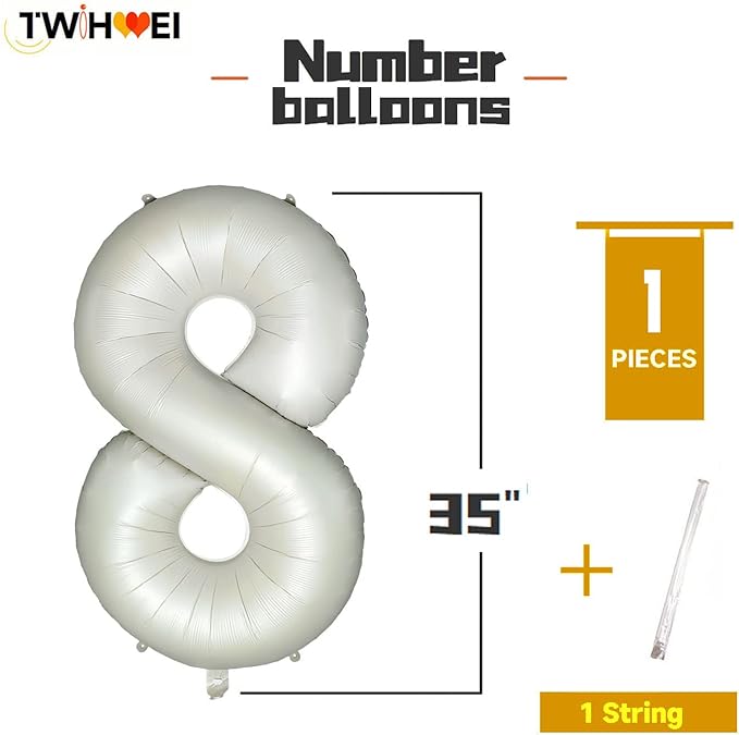 Number 8 Balloons White Sand Eight Balloon for 8 Year Old Birthday Decorations 40 Inches Cream White Large Numbers 8th Birthday Party Nude Ballons Beige 8 Digital Neutral Balloon Pearl White 8