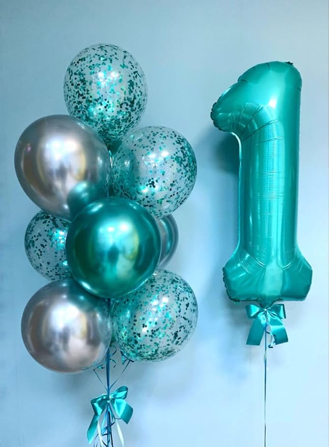 1 Balloon Number, 40 Inch Blue-Green Balloons for Birthday Party Decoration, Foil Number Ballon for 1, 10, 11, 12, 13, 21, 100 Celebration, Boy and Girl Birthday, Baby Shower, Anniversary Decor