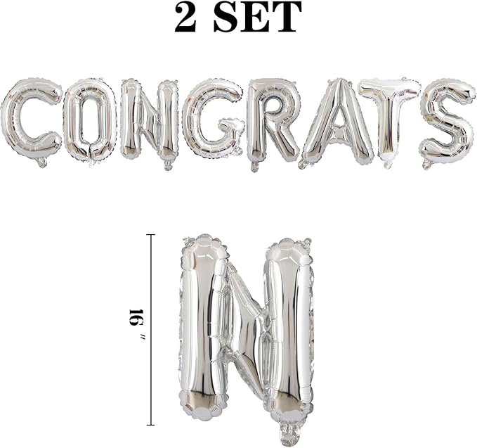 2 Set 16Pcs Silver Congrats Letter Balloons 16in Balloon Foil Letter Decorations Party Decor Silver Letter Balloons Congrats Party Supplies