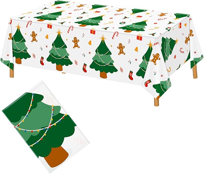 Hxezoc Disposable Plastic Christmas Tree Tablecloth, 54 x 108 Inches Christmas Party Table Cover for Xmas Winter Holiday New Year Home Dinner Decorations