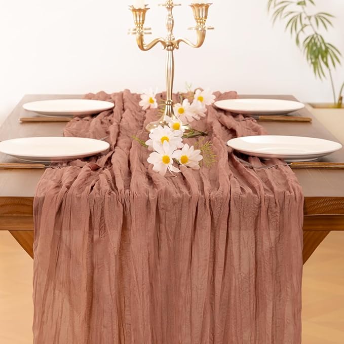 Socomi Dusty Rose Easter Spring Cheesecloth Table Runner Boho Rustic Gauze 120 inch 10FT Cheese Cloth Runner for Wedding Party Baby Shower Birthday Home Decor Holiday Decorations