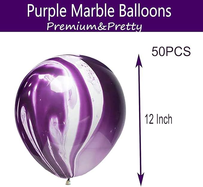 Purple Marble Balloons Marbled Agate Latex Balloons 12 Inch 50 PCS Swirl Balloons Purple Tie Dye for Birthday Party Christmas Decorations Wedding Baby Shower Festival