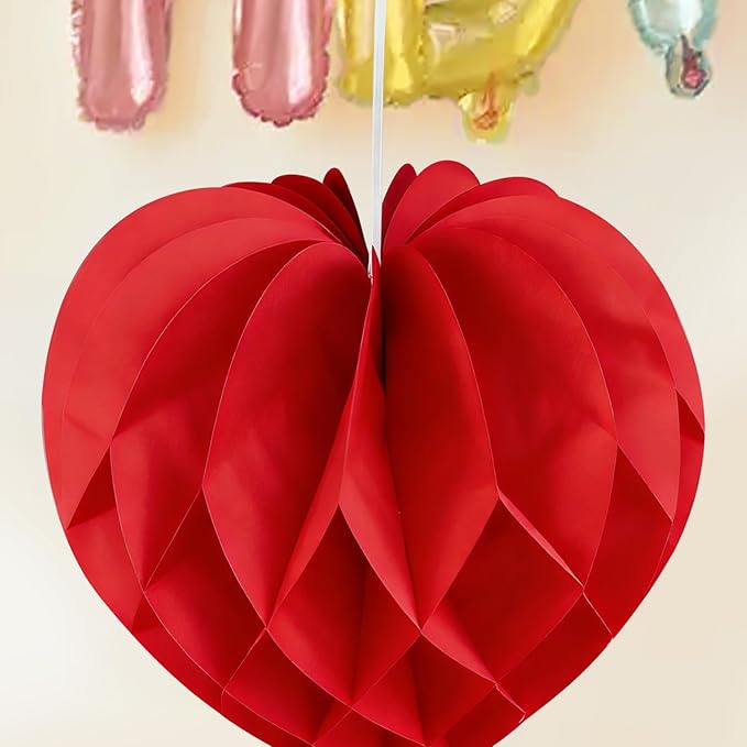 12 Pcs Heart Honeycomb Ball Heart Shaped Hanging Paper Pom Poms Decorations Valentines Photo Backdrop Decor Birthday Wedding Baby Shower Party Supplies