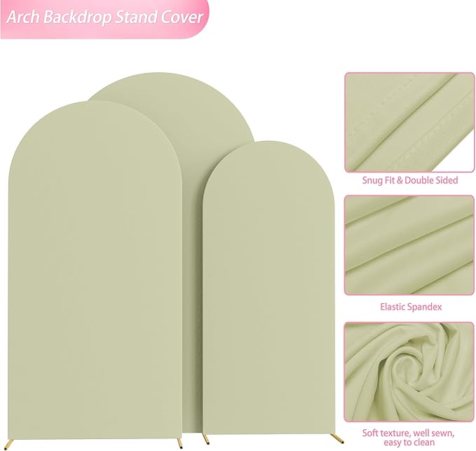 Wokceer Wedding Arch Backdrop Cover (7.2FT, 6.6FT, 6FT) Set of 3 Spandex Fitted Wedding Arch Stand Covers for Round Top Chiara Backdrop Stands Cover for Birthday Party Ceremony Decor Sage Green