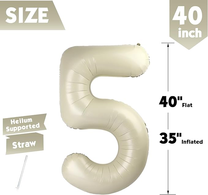 40 Inch Cream Number 5 Balloon, Giant 5 Number Balloons for 5th Birthday Decorations, Party Supplies for Baby Boy Girl, Cream Party Decor