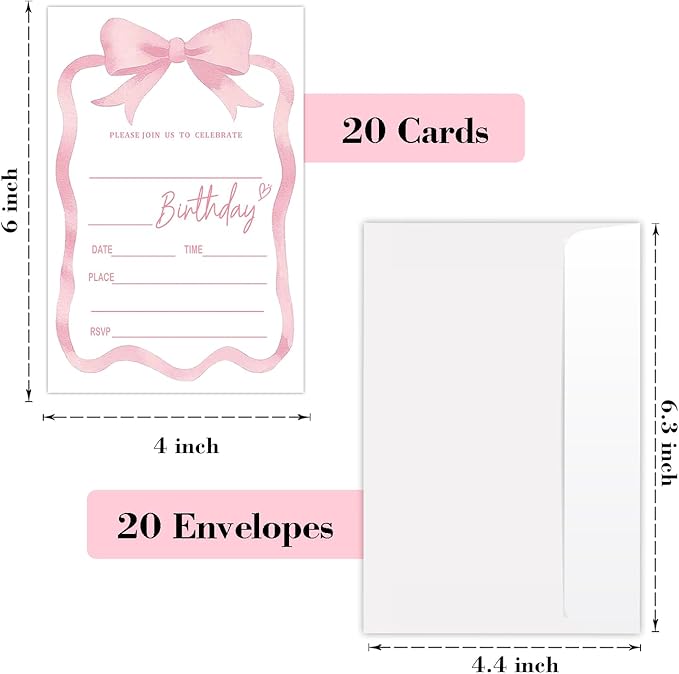 Pink Bow Birthday Invites Cards Party Invitation Cards for Girls Kids Adults Party Invitations 4x6 Inch Blank Invitations with Envelopes 20 Pcs Double Sided Invitation Card for Girls Birthday YT0081