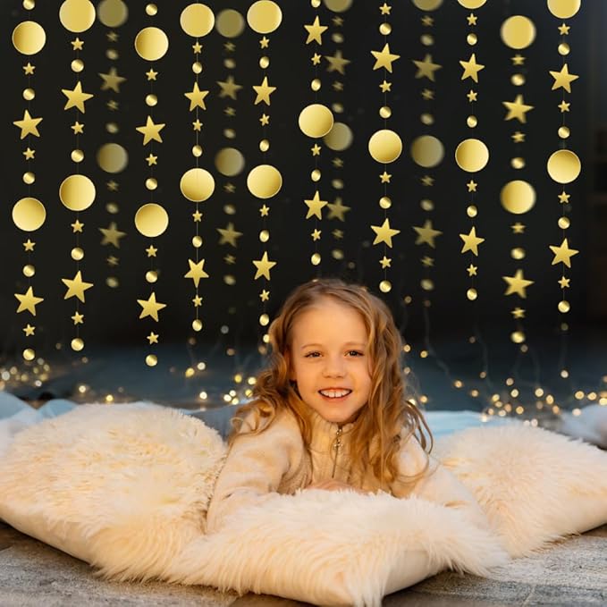 Glitter Star Garlands Decorations, 52 Feet Star Paper Garland Banner, Circle Dot Star Hanging Streamers for Valentine's Day Wedding Birthday Anniversary Ramadan Graduation Party Supplies Decorations